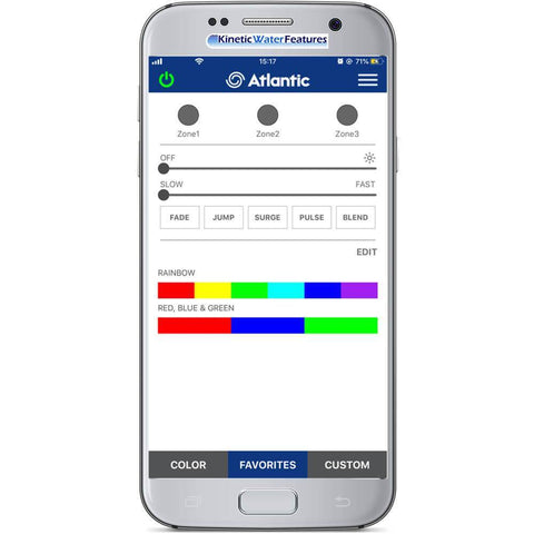 Atlantic InfiColor Smartphone App Enabled Color Controller with 30 Watt Transformer 3 Ports CCSM30X3 Showing App on Phone